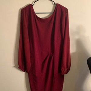 Helyo Burgundy XL Round Neck V Back Asymmetrical Hem Long Sleeve Belted Dress
